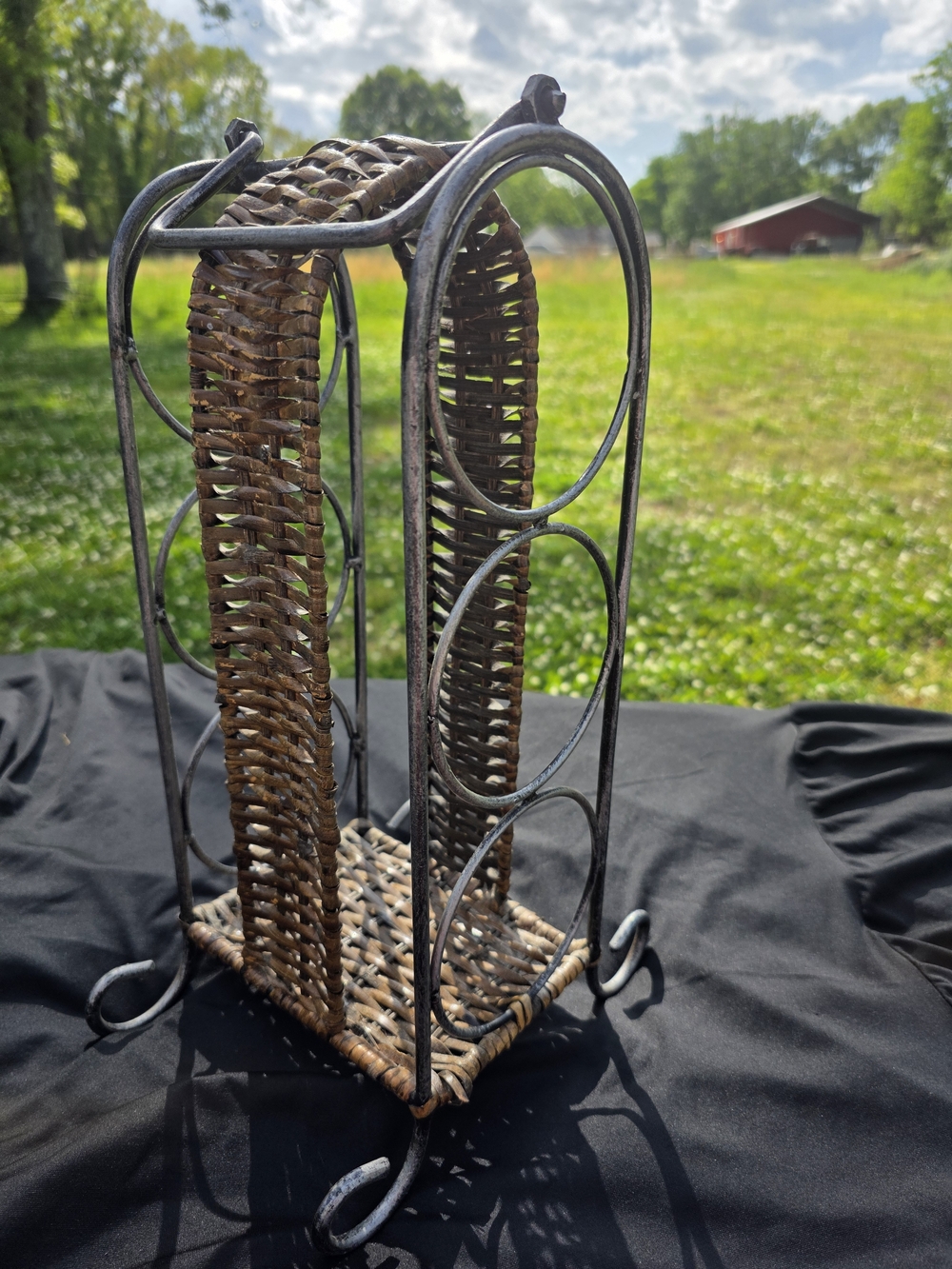 Woven Rattan & Metal Wine Bottle Rack in Brown and Distressed Black